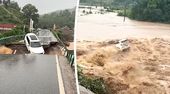 Heftige Regenfälle in Zentralchina: Auto stürzt von beschädigter Brücke ins Hochwasser